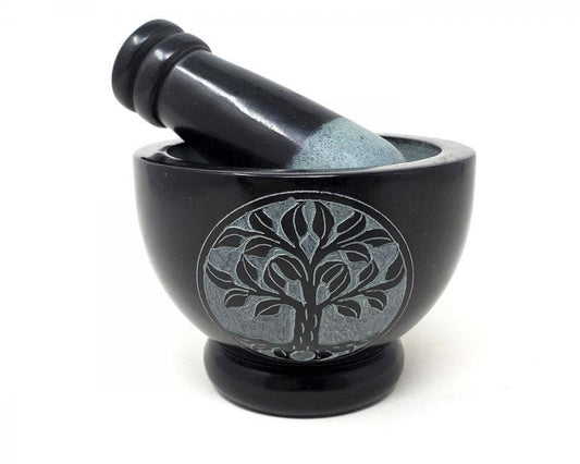 Tree Of Life Carved Black Soapstone Mortar & Pestle 3" High