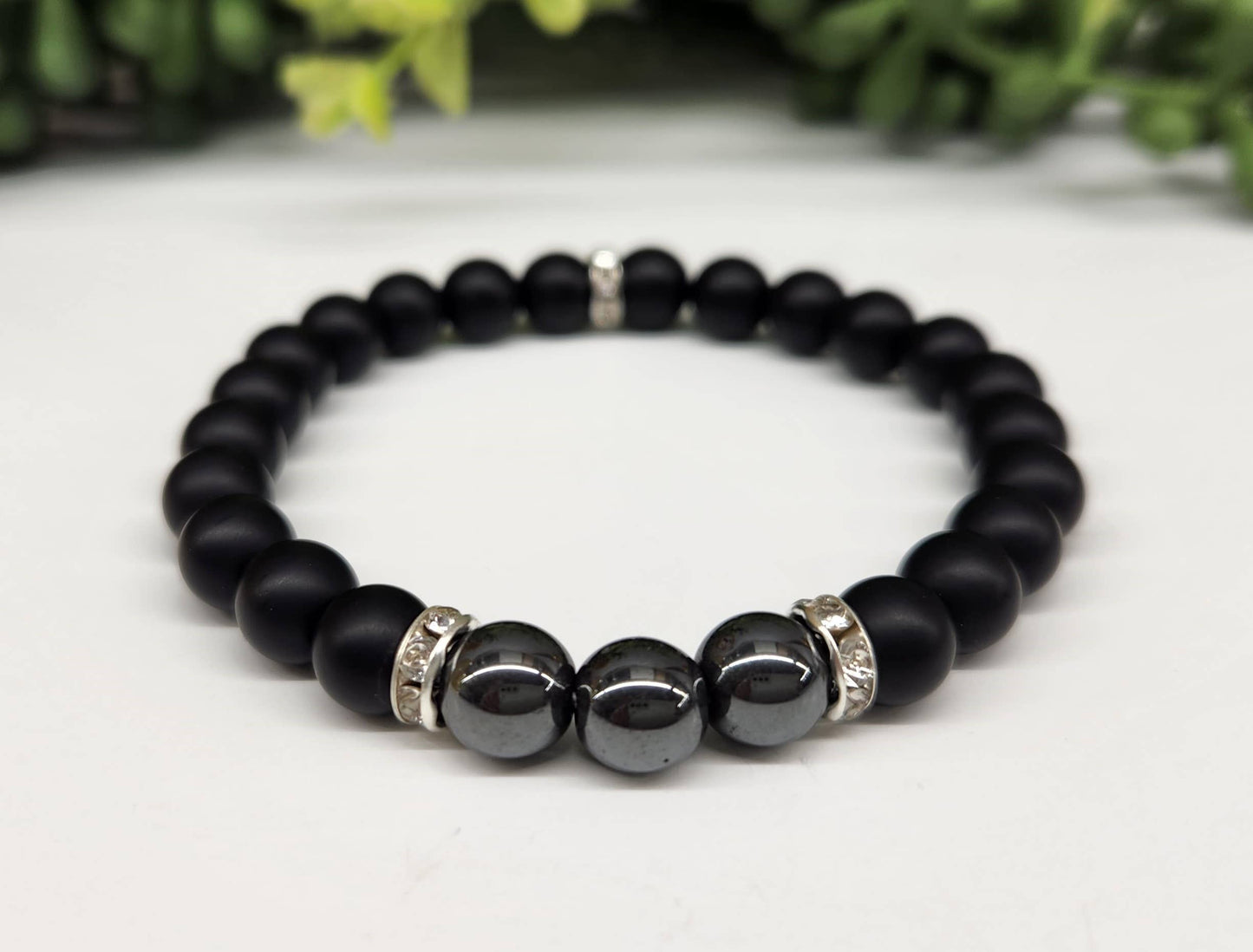 Hematite and Black Obsidian Stretchable Bracelet 8mm Beads