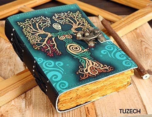 TUZECH Book of Spells Leather Bound Journal Deckle Edge Paper Grimoire Printed Diary Third Eye Notebook Spiral Gothic Notebook Antique Vintage Book for Men and Women
