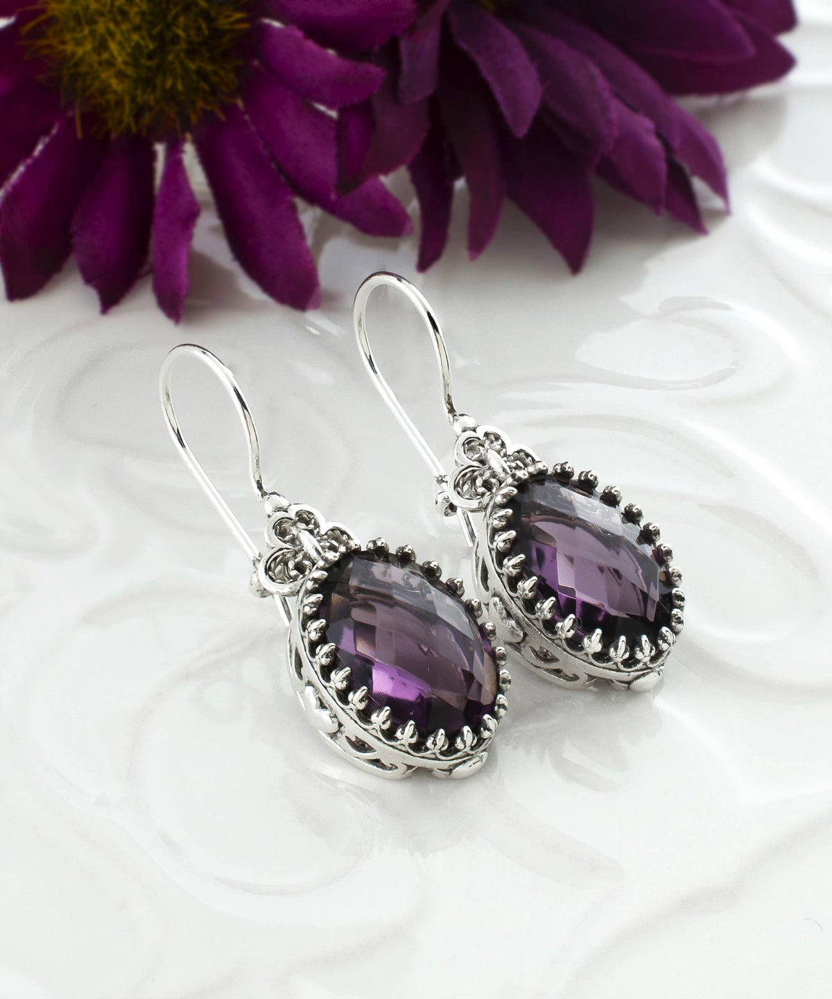 Filigree Art Heart Design Amethyst Gemstone Women Silver Drop Earrings