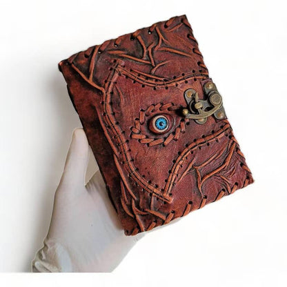 TUZECH Cutomizable Hocus Pocus Book of Spells Leather Journal Deckle Edge Paper Grimoire Journal Third Eye Vintage Book of Shadows Seven Chakra Antique Spell Book Lock Clasp Notebook Witch