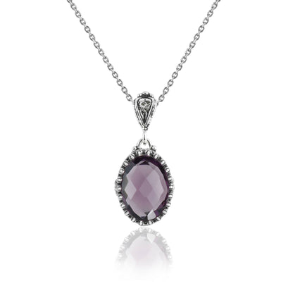 925 Silver Filigree Heart Detailed Amethyst Gemstone Woman Pendant Necklace
