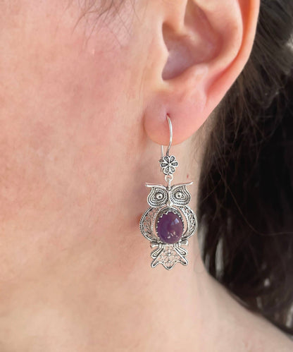 Filigree Art Owl Design Amethyst Gemstone Women Dangle Drop Silver Earrings
