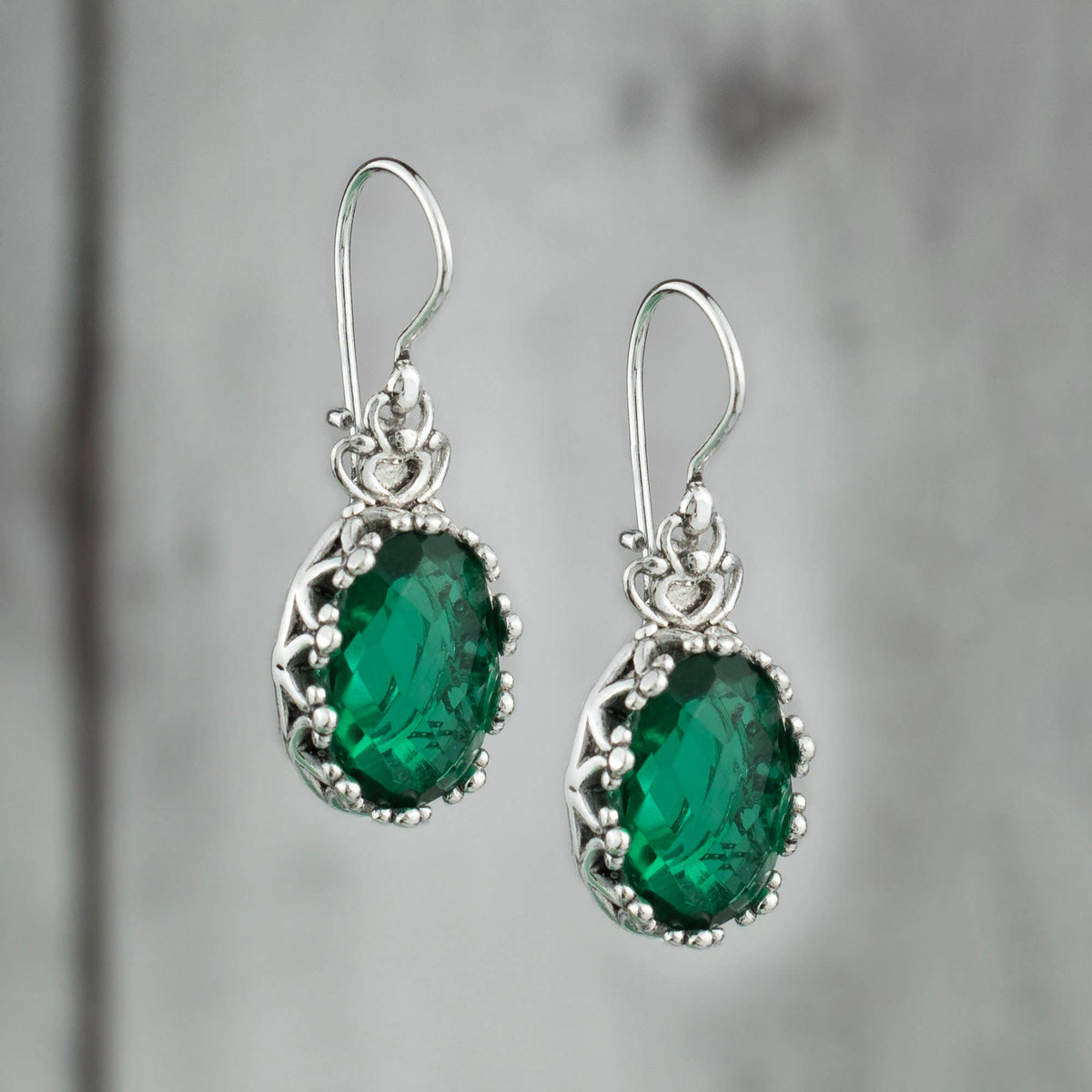 Filigree Art Emerald Gemstone Women Silver Drop Earrings