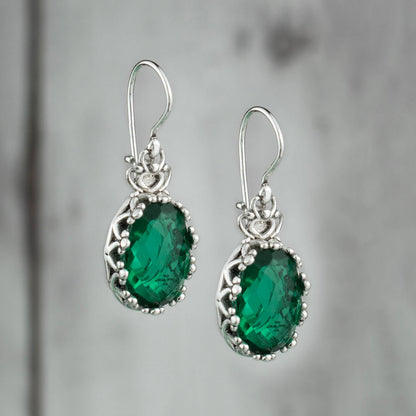 Filigree Art Emerald Gemstone Women Silver Drop Earrings