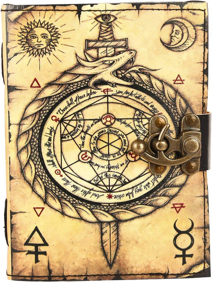 TUZECH Book of Spells Leather Bound Journal Deckle Edge Paper Grimoire Printed Diary Third Eye Notebook Spiral Gothic Notebook Antique Vintage Book for Men and Women