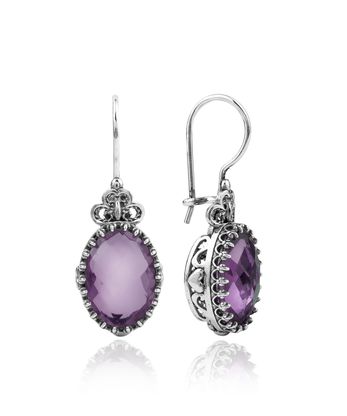 Filigree Art Heart Design Amethyst Gemstone Women Silver Drop Earrings