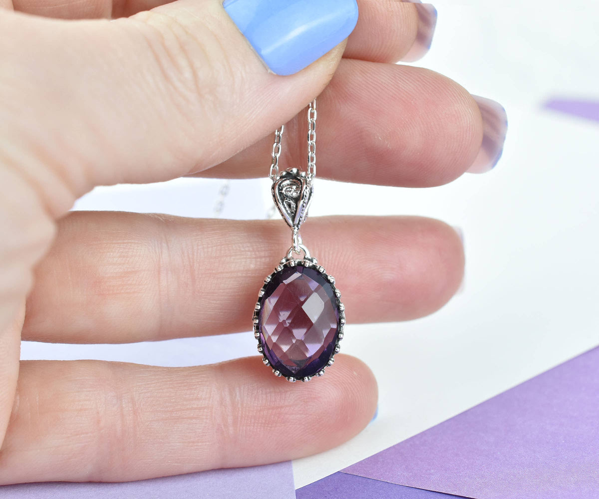 925 Silver Filigree Heart Detailed Amethyst Gemstone Woman Pendant Necklace