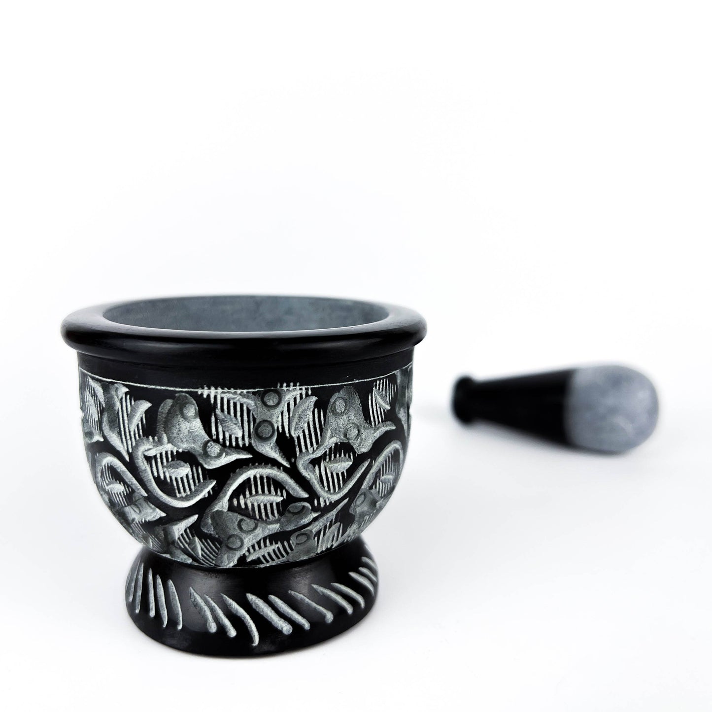 Black Carved Soapstone Mortar & Pestle 2.5"H, 3"D