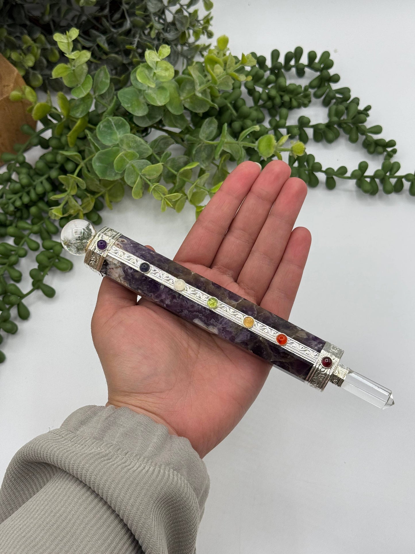 Chevron Amethyst Chakra Healing Wand with Clear Quartz Point