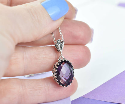 925 Silver Filigree Heart Detailed Amethyst Gemstone Woman Pendant Necklace