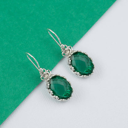 Filigree Art Emerald Gemstone Women Silver Drop Earrings