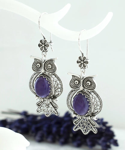 Filigree Art Owl Design Amethyst Gemstone Women Dangle Drop Silver Earrings