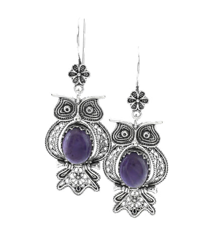 Filigree Art Owl Design Amethyst Gemstone Women Dangle Drop Silver Earrings