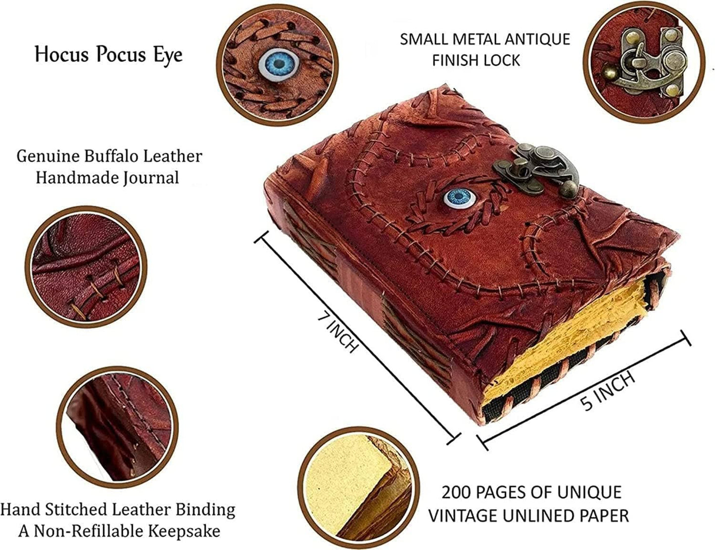TUZECH Cutomizable Hocus Pocus Book of Spells Leather Journal Deckle Edge Paper Grimoire Journal Third Eye Vintage Book of Shadows Seven Chakra Antique Spell Book Lock Clasp Notebook Witch