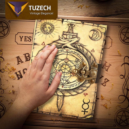 TUZECH Book of Spells Leather Bound Journal Deckle Edge Paper Grimoire Printed Diary Third Eye Notebook Spiral Gothic Notebook Antique Vintage Book for Men and Women