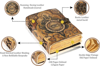 TUZECH Book of Spells Leather Bound Journal Deckle Edge Paper Grimoire Printed Diary Third Eye Notebook Spiral Gothic Notebook Antique Vintage Book for Men and Women