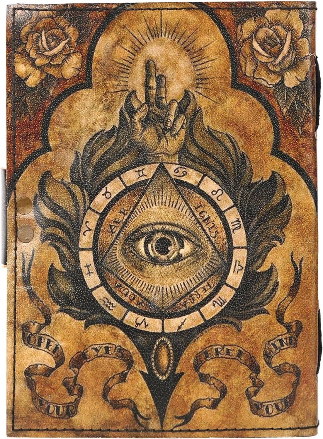TUZECH Book of Spells Leather Bound Journal Deckle Edge Paper Grimoire Printed Diary Third Eye Notebook Spiral Gothic Notebook Antique Vintage Book for Men and Women