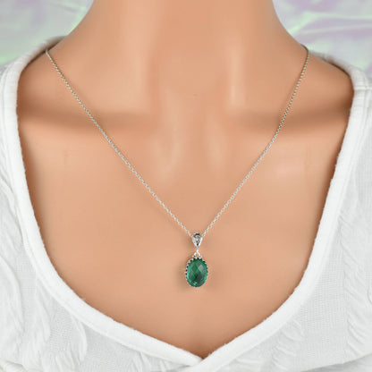 925 Silver Filigree Heart Detailed Emerald Gemstone Woman Pendant Necklace