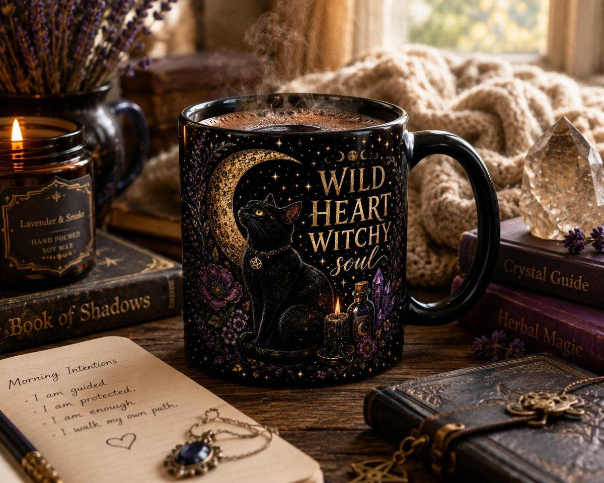 Black Cat Mug, Wild Heart Witchy Soul Cup, Witch Gift