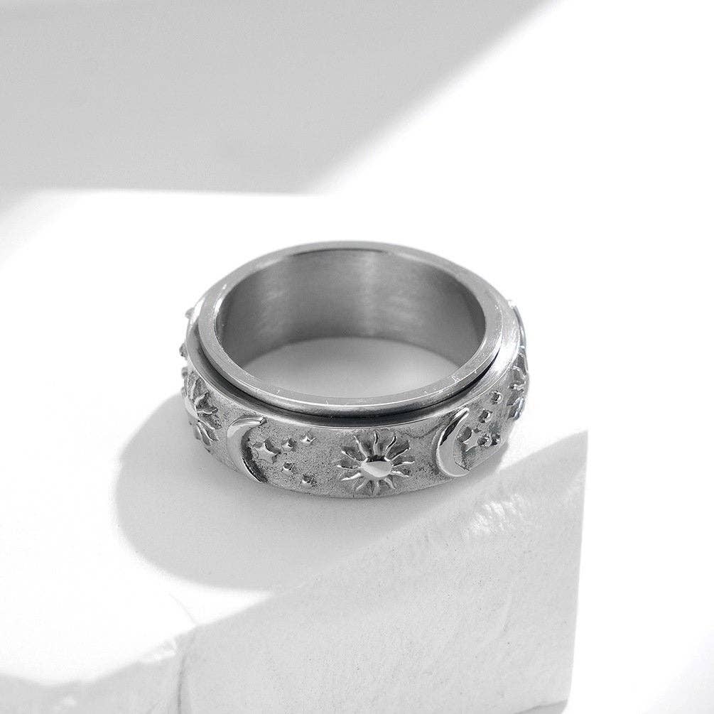 Sun Moon Star Fidget Spinner Band Ring in Stainless Steel