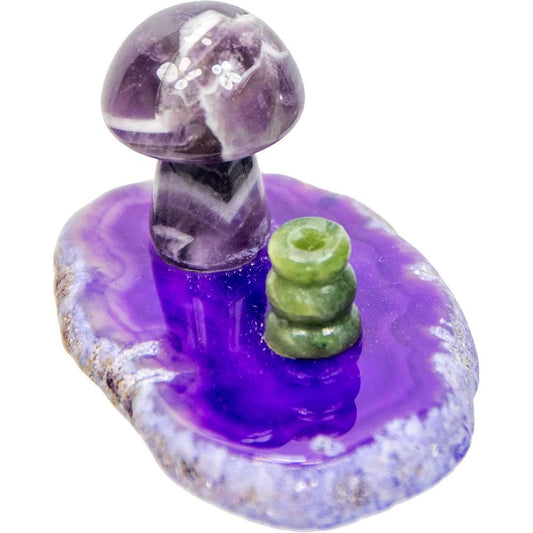 Agate Slice Incense Holder w/ Gemstone Mushroom - Asstd