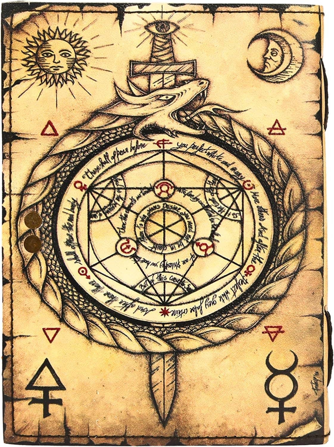 TUZECH Book of Spells Leather Bound Journal Deckle Edge Paper Grimoire Printed Diary Third Eye Notebook Spiral Gothic Notebook Antique Vintage Book for Men and Women