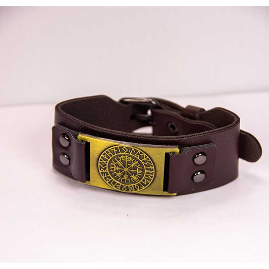 Vegan Leather Adjustable Bracelet Viking Runes Vegvisir Brown