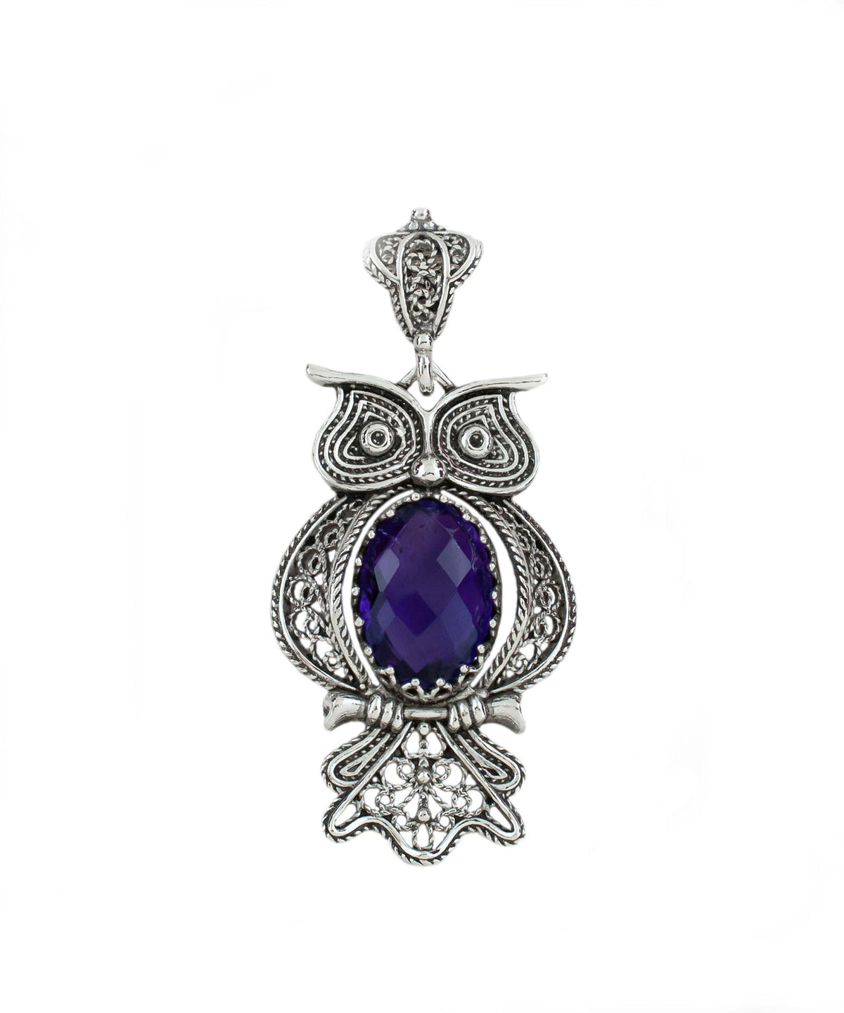 Sterling Silver Filigree Owl Amethyst Pendant Necklace