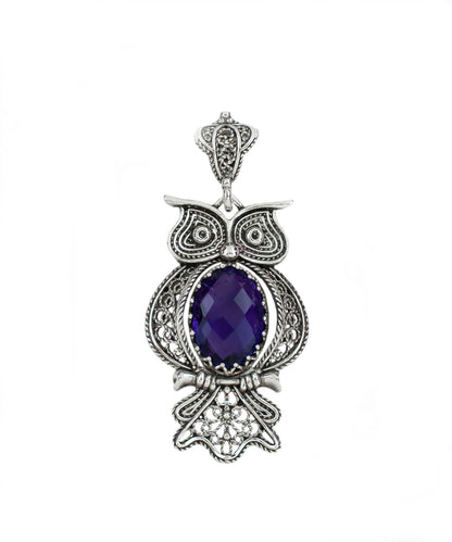 Sterling Silver Filigree Owl Amethyst Pendant Necklace
