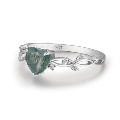 Heart Moss Agate Leaf Stacking Ring in 925 Sterling Silver