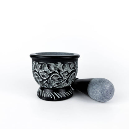 Black Carved Soapstone Mortar & Pestle 2.5"H, 3"D