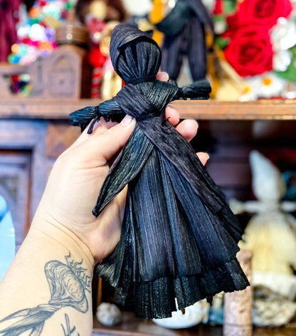 Corn Husk Doll / Folk Poppet with Smock and Hood - Black