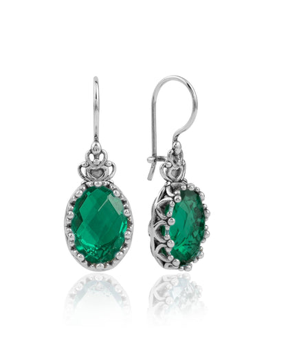 Filigree Art Emerald Gemstone Women Silver Drop Earrings