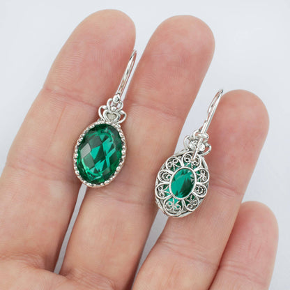 Filigree Art Emerald Gemstone Women Silver Drop Earrings