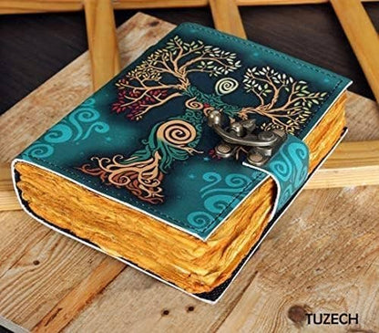 TUZECH Book of Spells Leather Bound Journal Deckle Edge Paper Grimoire Printed Diary Third Eye Notebook Spiral Gothic Notebook Antique Vintage Book for Men and Women