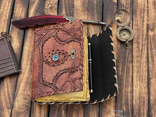 TUZECH Cutomizable Hocus Pocus Book of Spells Leather Journal Deckle Edge Paper Grimoire Journal Third Eye Vintage Book of Shadows Seven Chakra Antique Spell Book Lock Clasp Notebook Witch