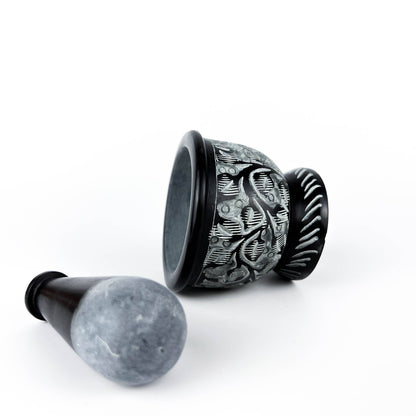 Black Carved Soapstone Mortar & Pestle 2.5"H, 3"D