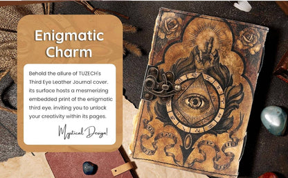 TUZECH Book of Spells Leather Bound Journal Deckle Edge Paper Grimoire Printed Diary Third Eye Notebook Spiral Gothic Notebook Antique Vintage Book for Men and Women